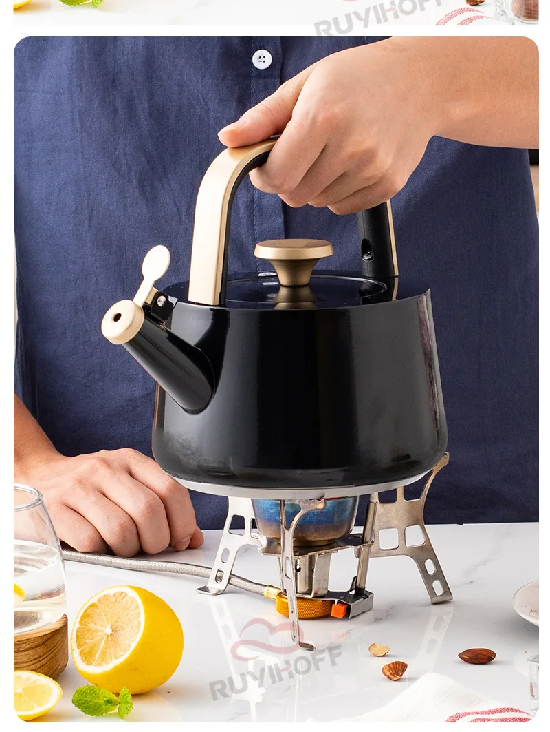 Custom whistle kettle black1. 8L flat bottom whistle pot wholesale European and American stainless steel whistle pot gold handle 11