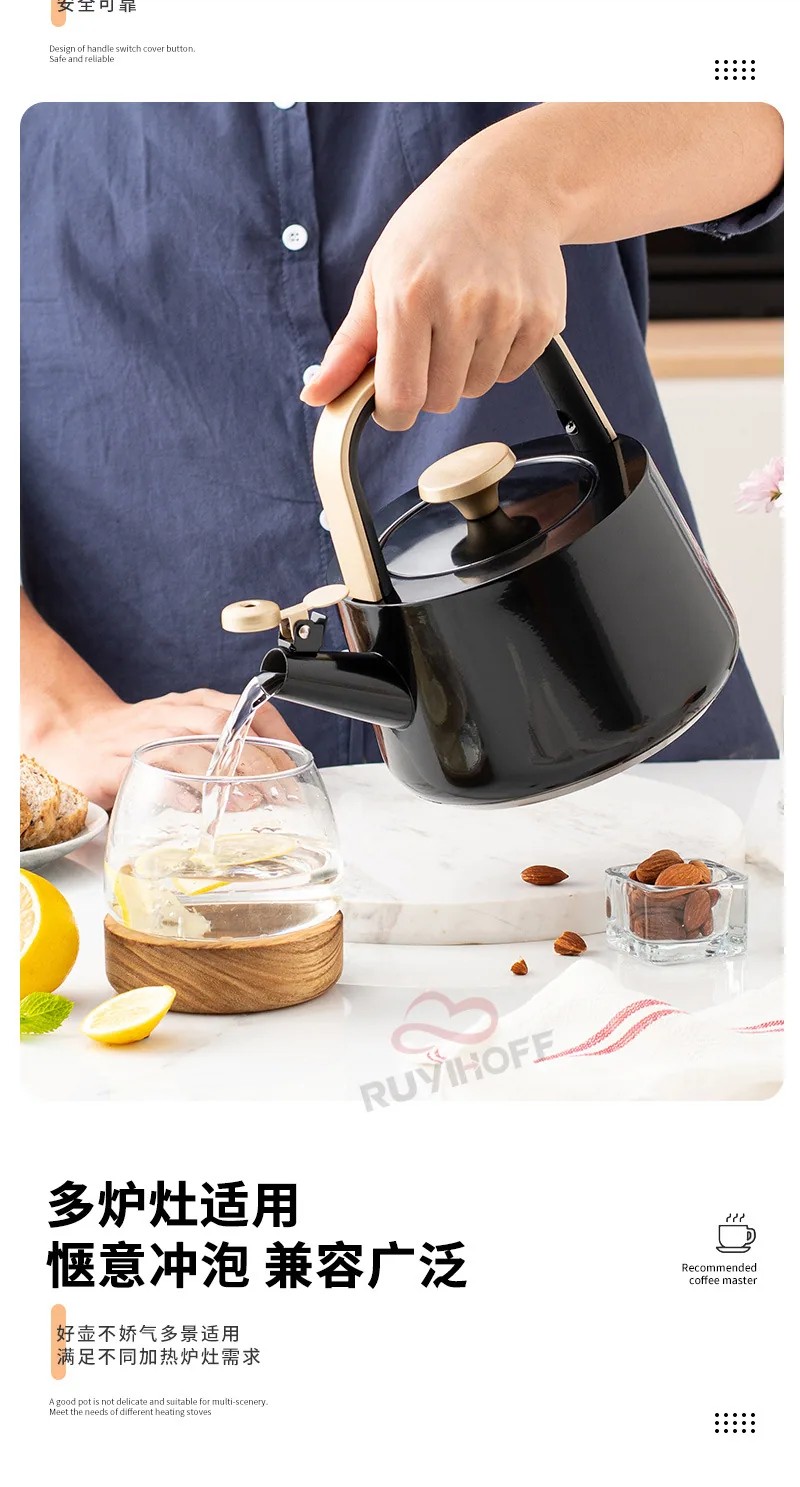 Custom whistle kettle black1. 8L flat bottom whistle pot wholesale European and American stainless steel whistle pot gold handle 14