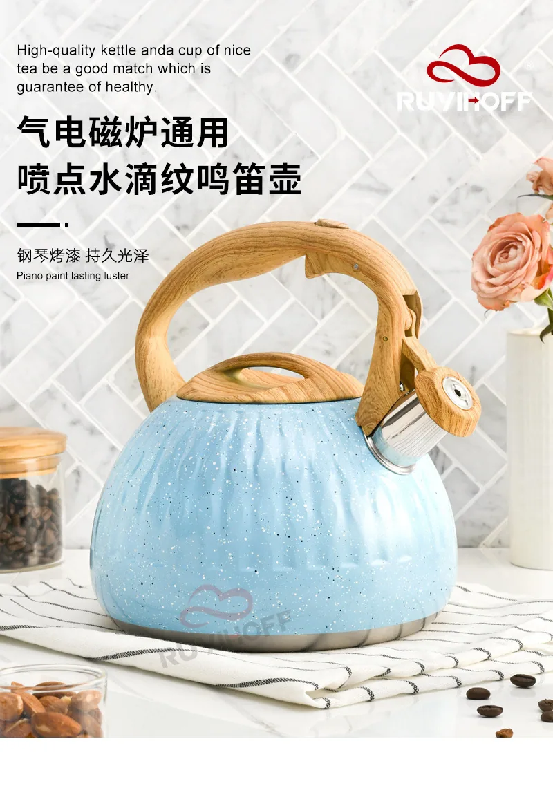 Cross-border blue water drop pattern stainless steel sound boiling kettle tea coffee European and American whistle pot 3L kitche 9