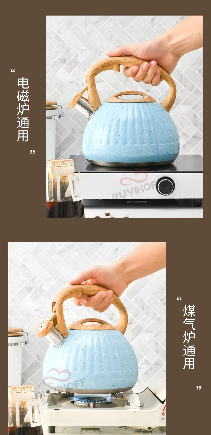 Cross-border blue water drop pattern stainless steel sound boiling kettle tea coffee European and American whistle pot 3L kitche 13