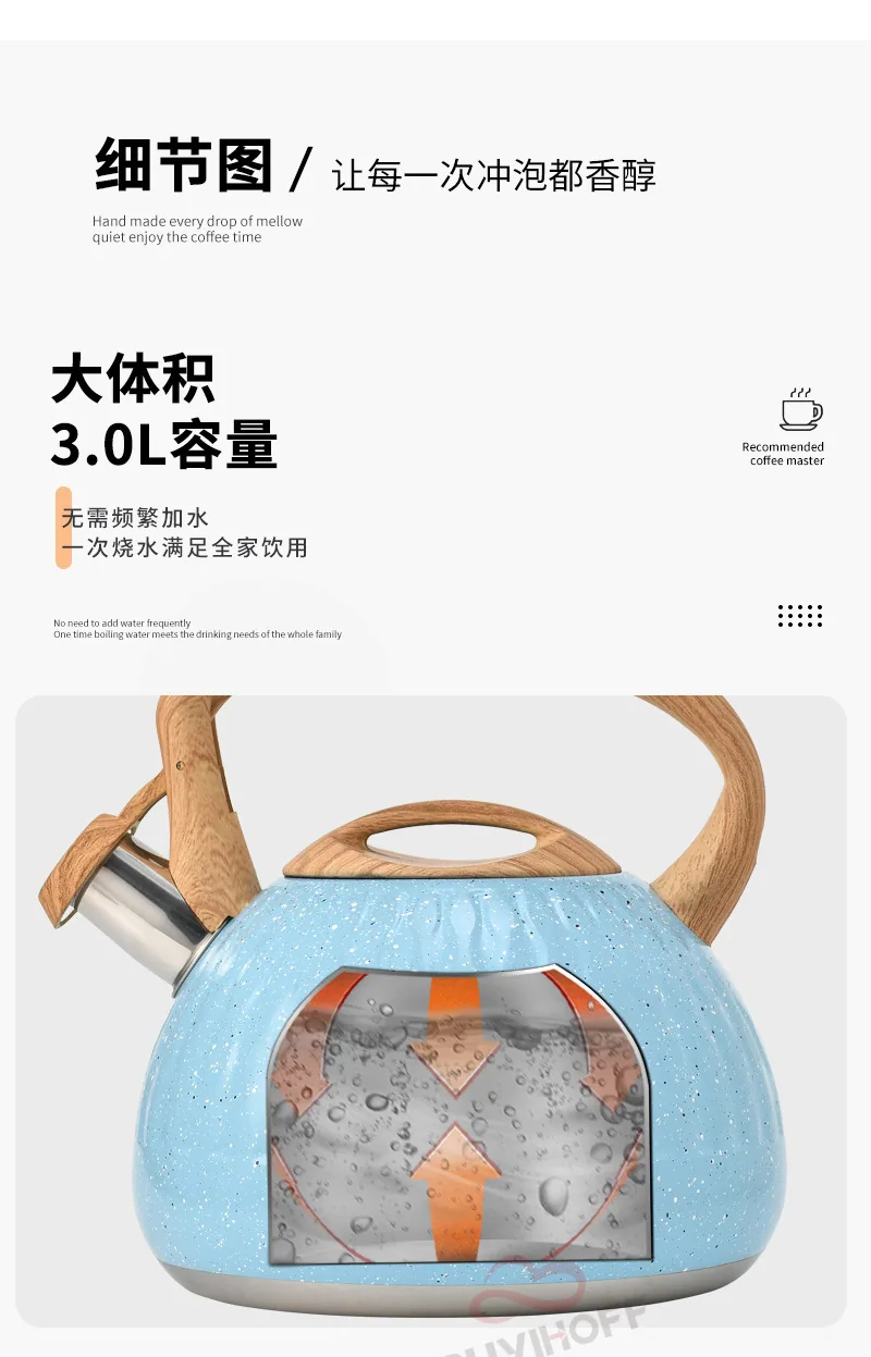 Cross-border blue water drop pattern stainless steel sound boiling kettle tea coffee European and American whistle pot 3L kitche 7