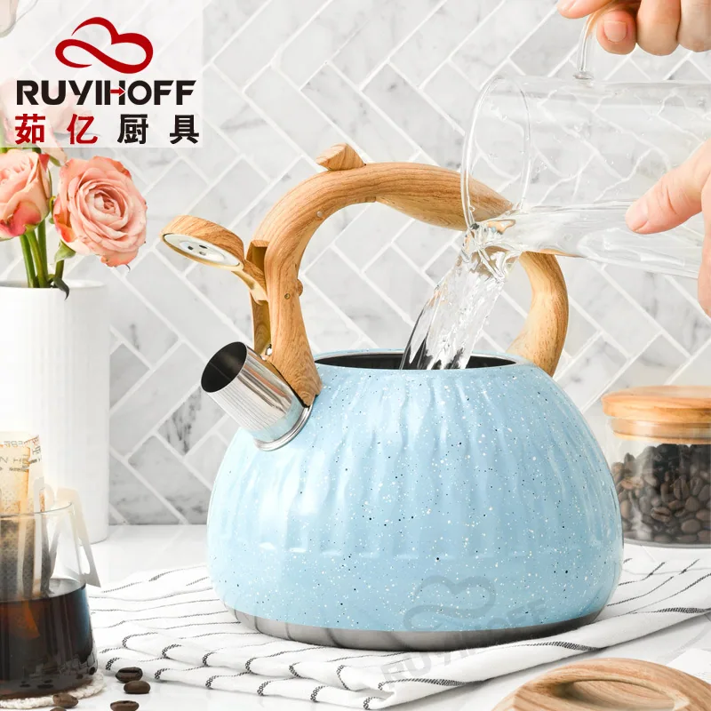 Cross-border blue water drop pattern stainless steel sound boiling kettle tea coffee European and American whistle pot 3L kitche 2