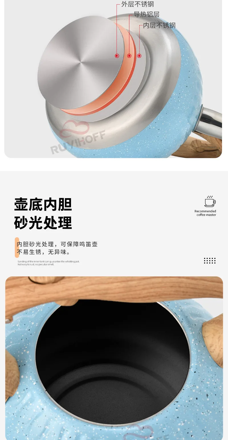 Cross-border blue water drop pattern stainless steel sound boiling kettle tea coffee European and American whistle pot 3L kitche 11