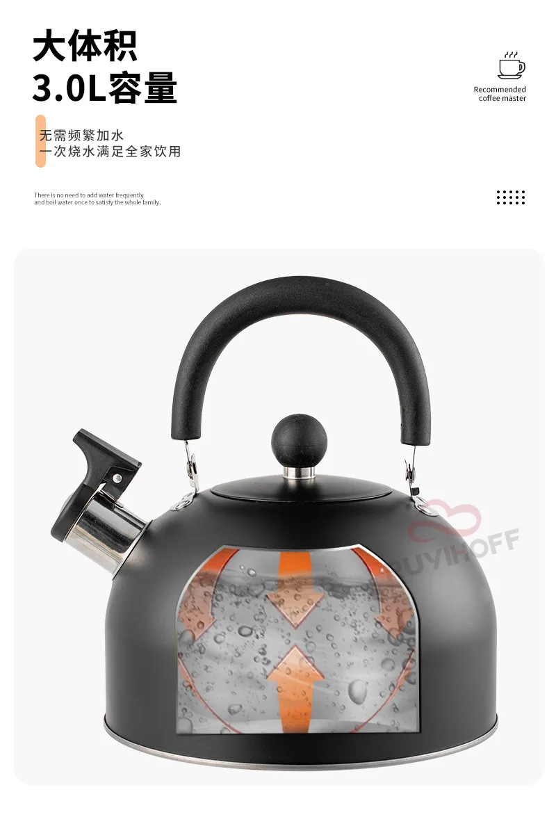 Cross-border wholesale black flat bottom horn kettle tea coffee sound kettle European and American kitchenware sound kettle 3L 7