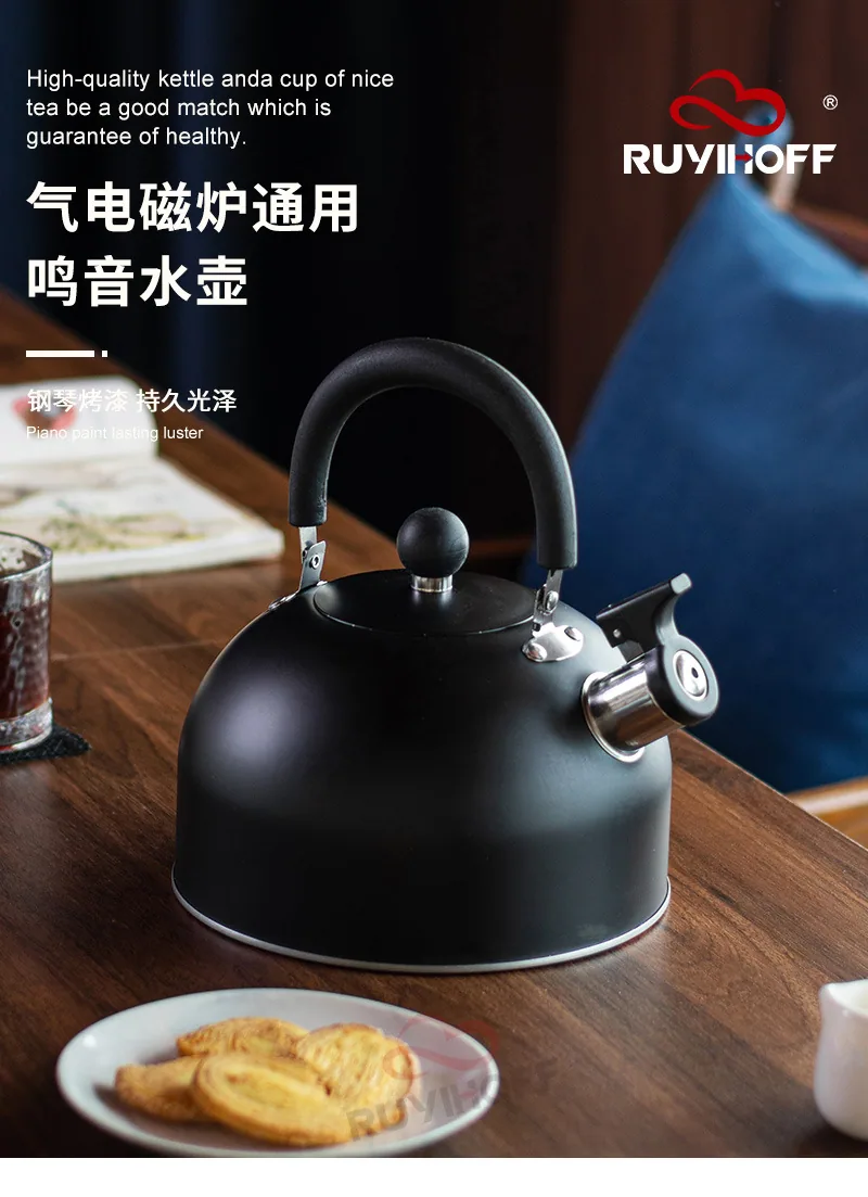 Cross-border wholesale black flat bottom horn kettle tea coffee sound kettle European and American kitchenware sound kettle 3L 9