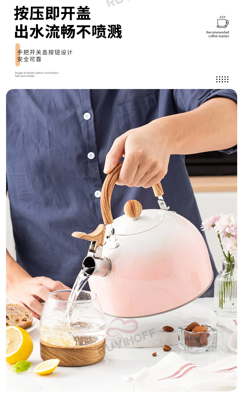 Cross-border whistle kettle gradient pink 3L flat bottom whistle pot wholesale European and American cross-border stainless stee 12