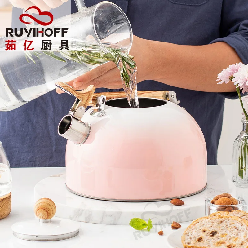 Cross-border whistle kettle gradient pink 3L flat bottom whistle pot wholesale European and American cross-border stainless stee 5