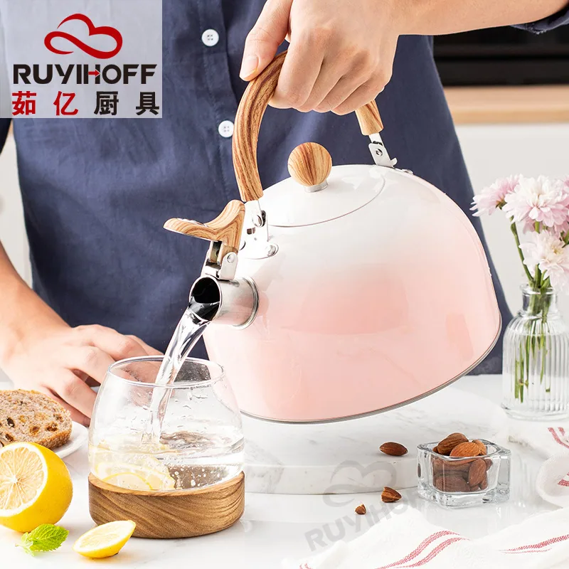 Cross-border whistle kettle gradient pink 3L flat bottom whistle pot wholesale European and American cross-border stainless stee 4