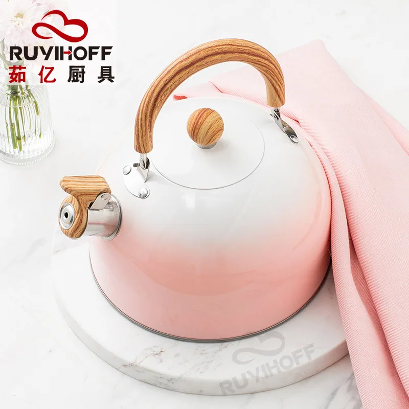 Cross-border whistle kettle gradient pink 3L flat bottom whistle pot wholesale European and American cross-border stainless stee 3
