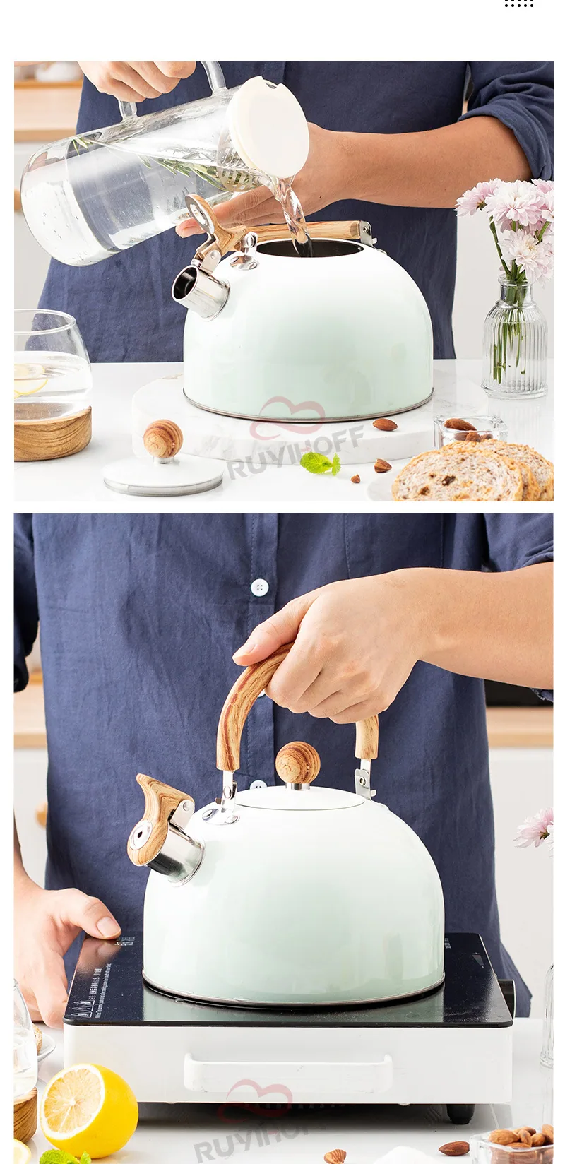 Cross-border whistle kettle gradient green 3L flat bottom whistle pot wholesale European and American cross-border stainless ste 15