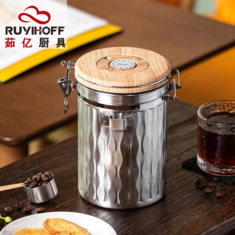 Cross-border storage jar, coffee powder sealed jar with spoon, coffee bean exhaust sealed jar, stainless steel with time control 3