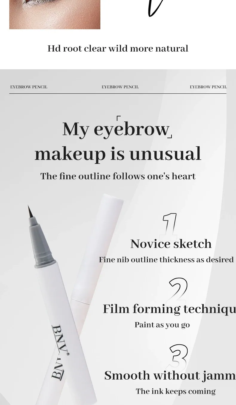 BNV dual-ended extra fine eyebrow pencil with 2-in-1 brush, close-up of precision tip for defined three-dimensional brows