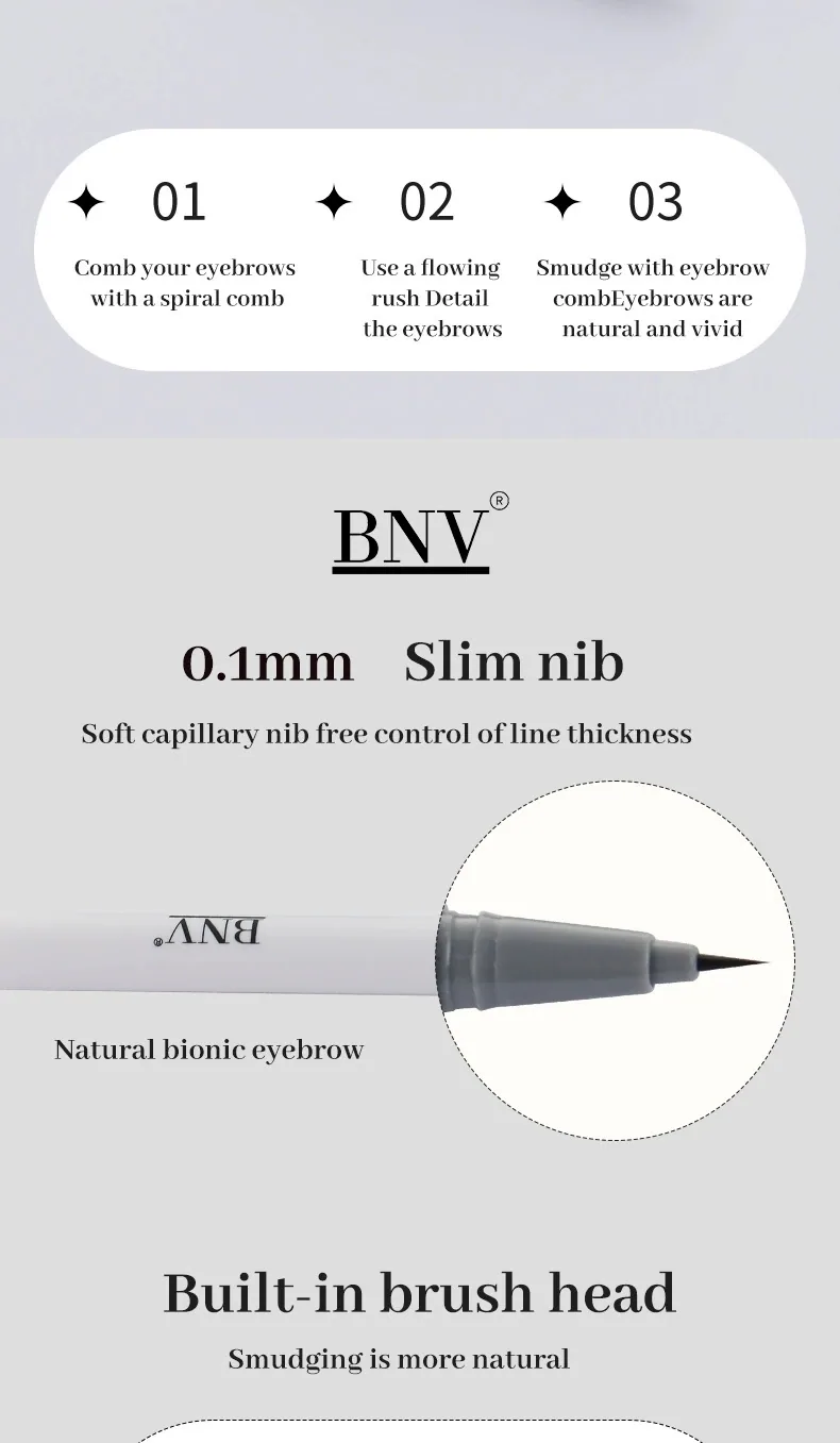 Long-lasting non-smudging BNV eyebrow pencil swatch on skin proving three-dimensional color payoff