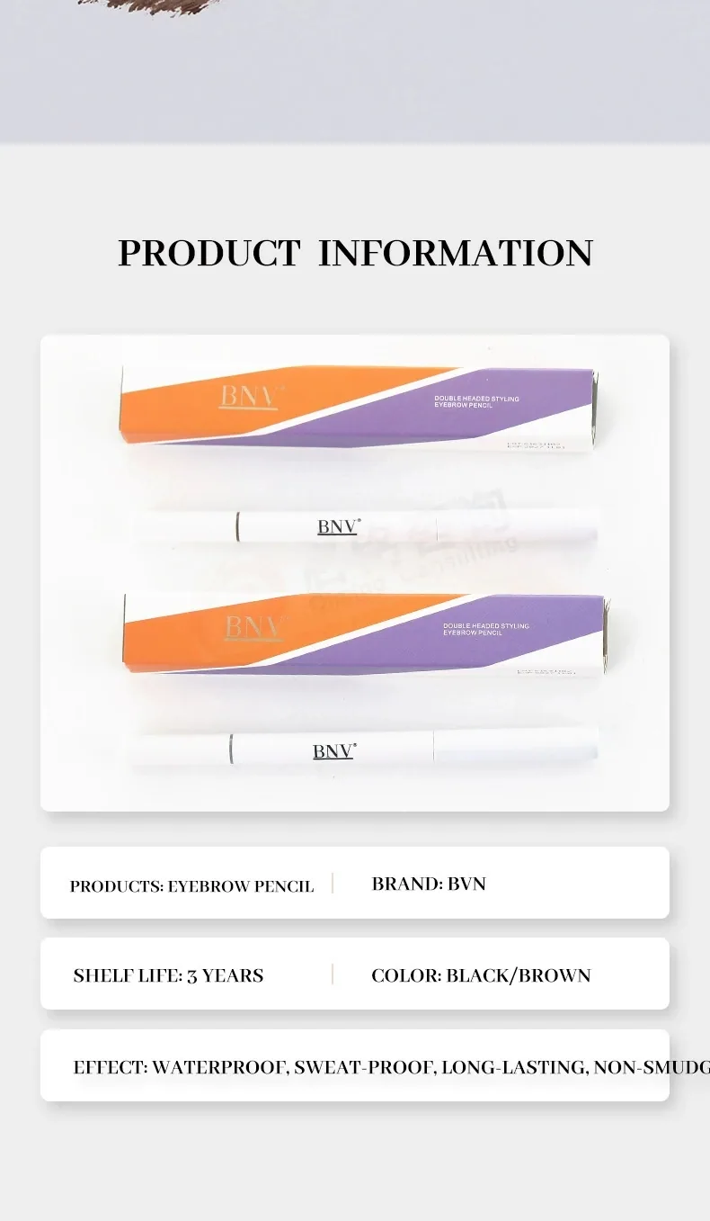 BNV dual-ended eyebrow pencil in multiple color shades, 2-in-1 brush for three-dimensional brows