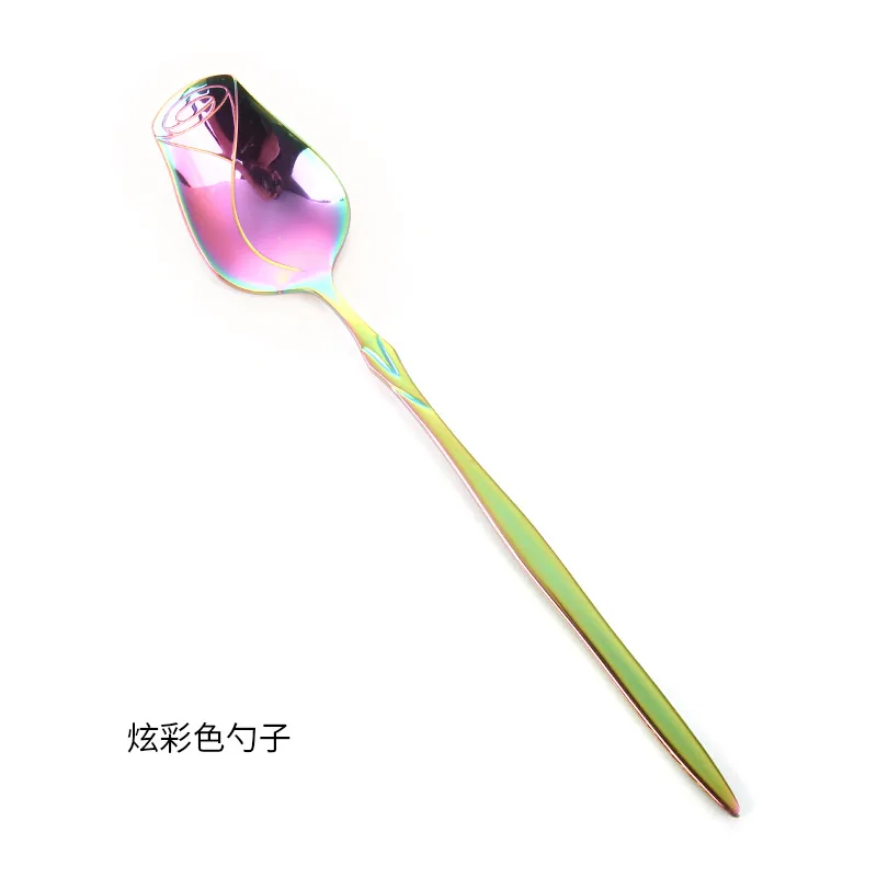 Creative stainless steel rose spoon long handle dessert spoon mixing spoon love fruit salad fork 7