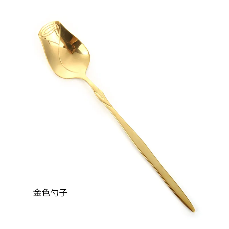 Creative stainless steel rose spoon long handle dessert spoon mixing spoon love fruit salad fork 3
