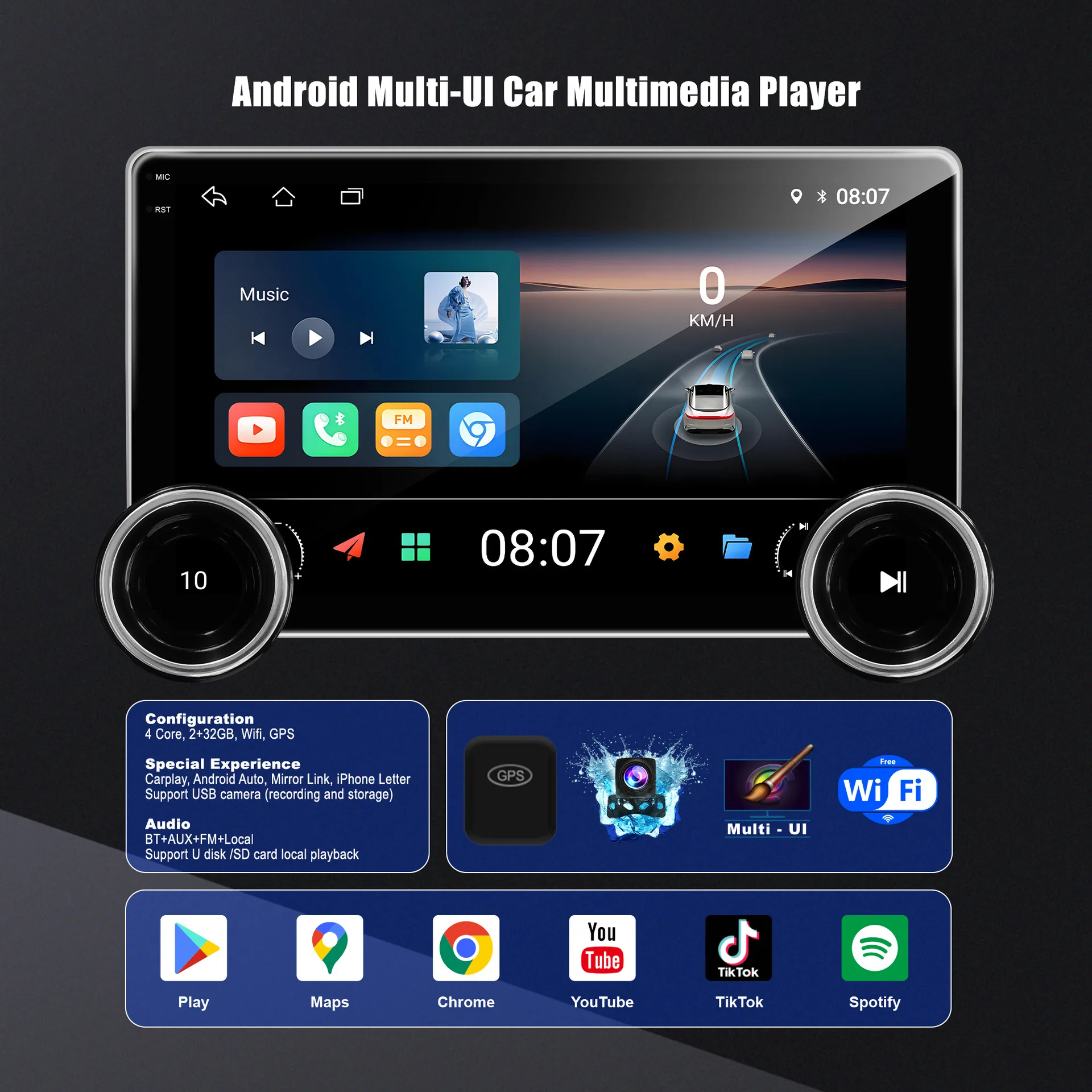 Dual knob Android Bluetooth car multimedia player expands car navigation, reversing image display, dual recording 14