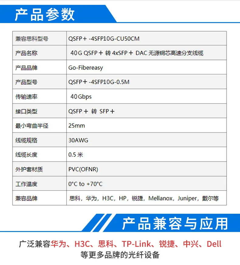 40G DAC High-Speed Cable QSFP+ to 4xSFP+ Branch Stacking Cable Passive Copper Cable is compatible with Huawei Mai 9