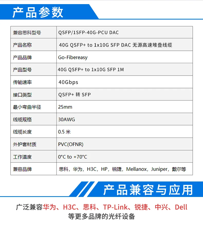 40G QSFP DAC high-speed passive copper cable QSFP to SFP+10G switch stacking cable is compatible with Huawei 9