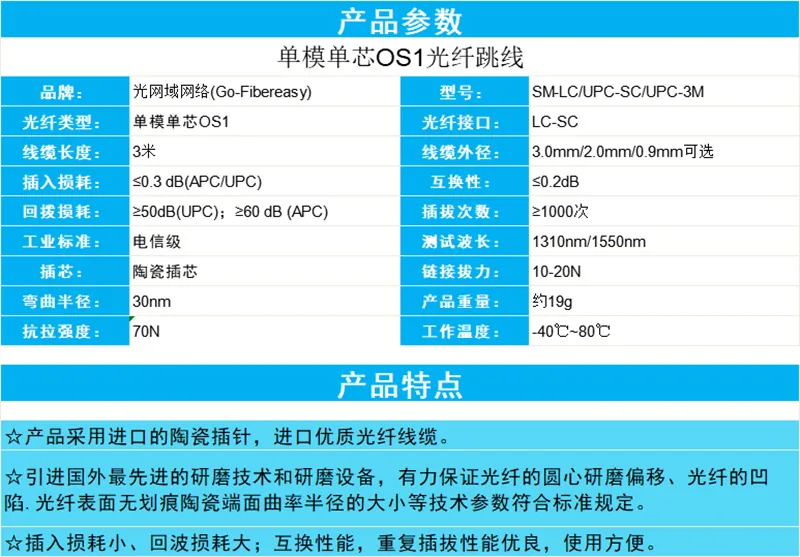 LC-SC Fiber Optic Patch Cord Single-mode Single-core Engineering Machine Pigtail Connector SC/FC/ST multi-specification optional 8