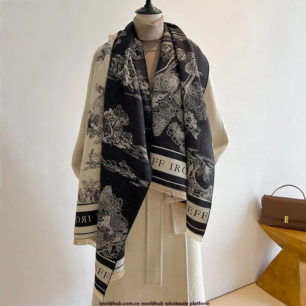 Jacquard landscape painting imitation cashmere scarf women's office air-conditioned room thickened and warm long trend cross-bor