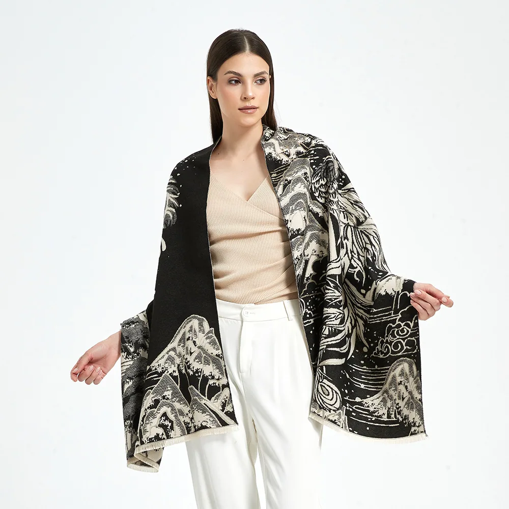 Jacquard landscape painting imitation cashmere scarf women's office air-conditioned room thickened and warm long trend cross-bor 33