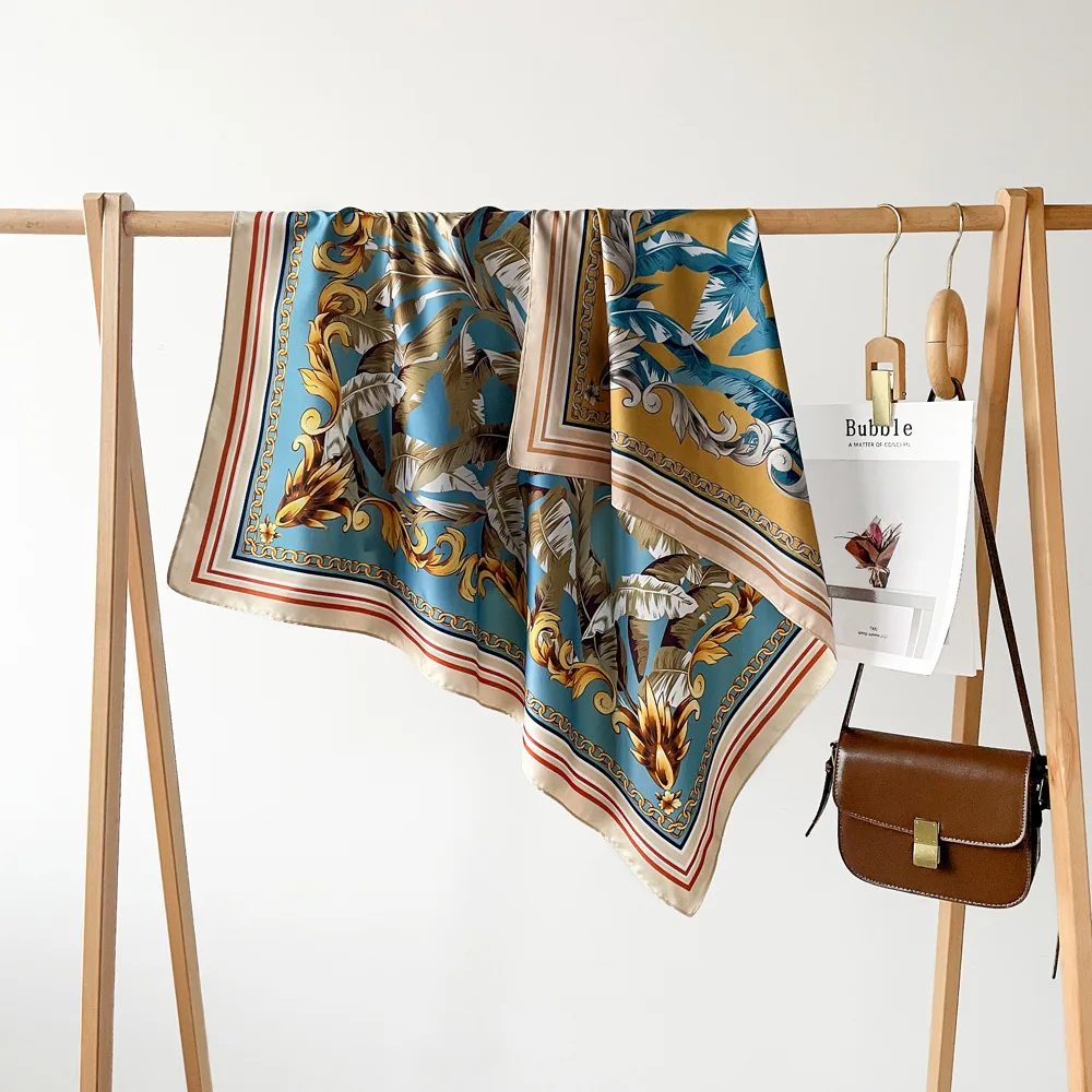 Spring and Summer New 90cm Twill Silk Scarf Women's Reversible Two-Color Floral Print Scarf Large Square Scarf Shawl Wholesal