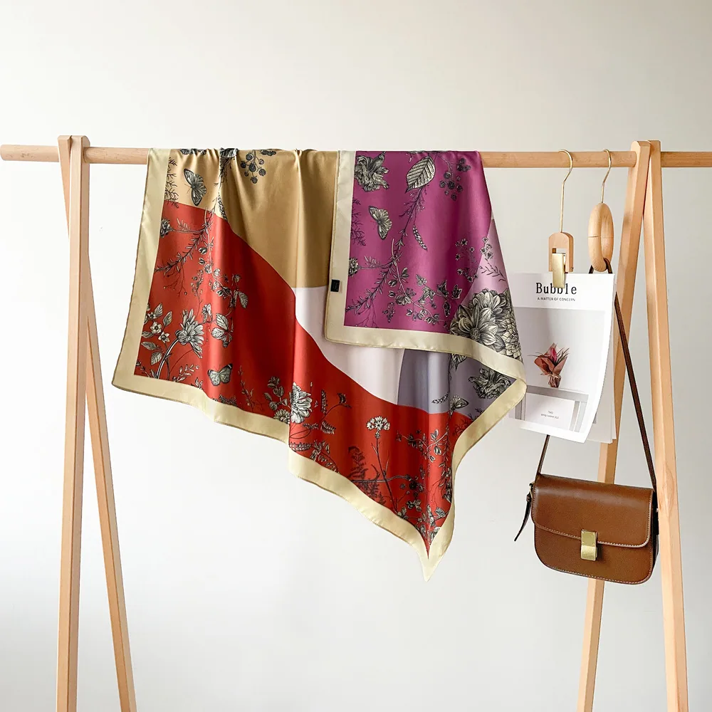Double-sided two-color color-blocking printed silk scarf 90cm women's new scarf small square scarf high-end shawl scarf wholesal 2