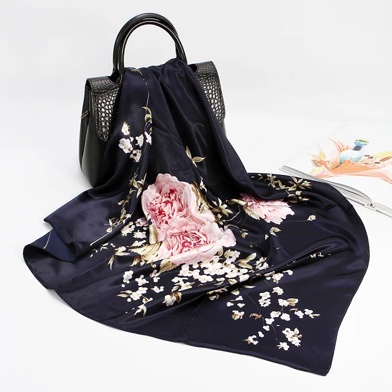 22 spring new silk scarf women's faux silk large square scarf 90cm gift scarf wholesale printed color ding scarf 10