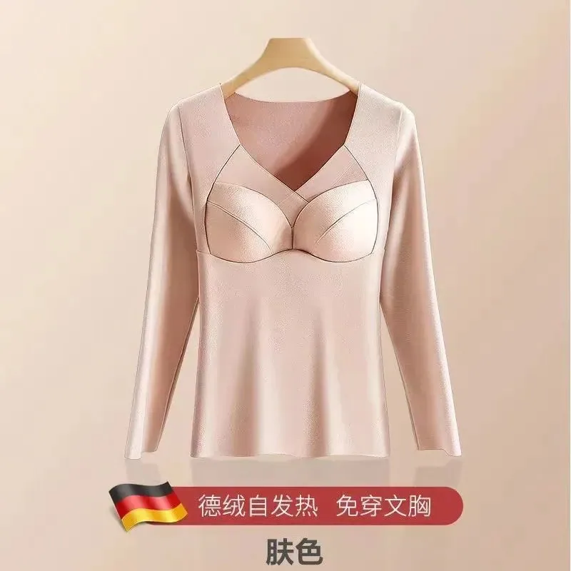 German velvet thermal underwear with chest pads, autumn clothes integrated base coat, winter fleece thickened and heated long-sl 2