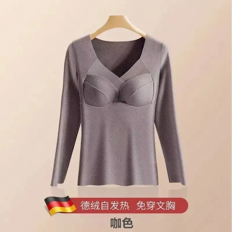 German velvet thermal underwear with chest pads, autumn clothes integrated base coat, winter fleece thickened and heated long-sl 3