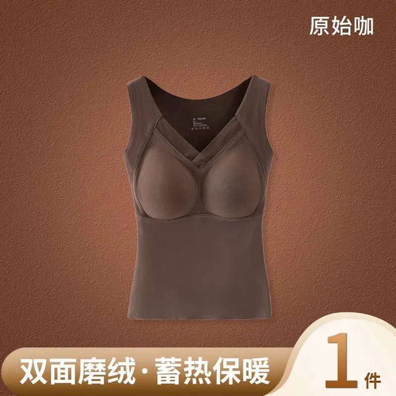 Seluar dalam pemanas wanita graphene vest termal baharu dengan pad dada tanpa tanda atasan atas asas langsing V-leher musim sejuk 3
