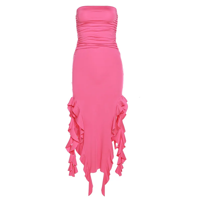European and American style 2025 spring fashion trend women's new one-shoulder bandeau hip-hugging slim irregular dress 5