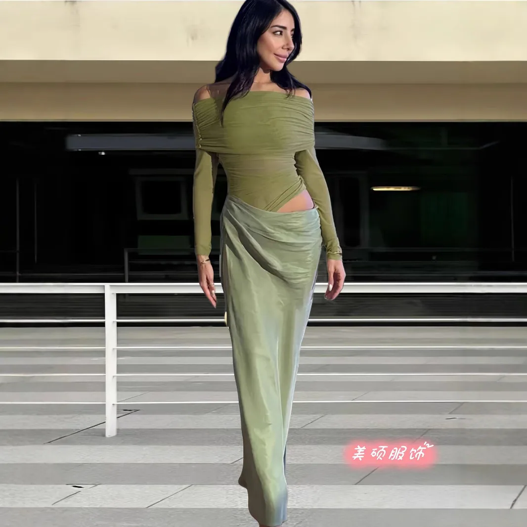 Spice girl pure desire one-shoulder mesh dress women's 2024 autumn/winter new cut-through see-through design pullover long skirt 2