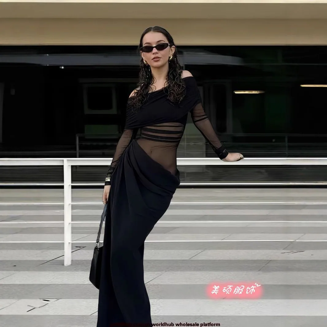 Spice girl pure desire one-shoulder mesh dress women's 2024 autumn/winter new cut-through see-through design pullover long skirt