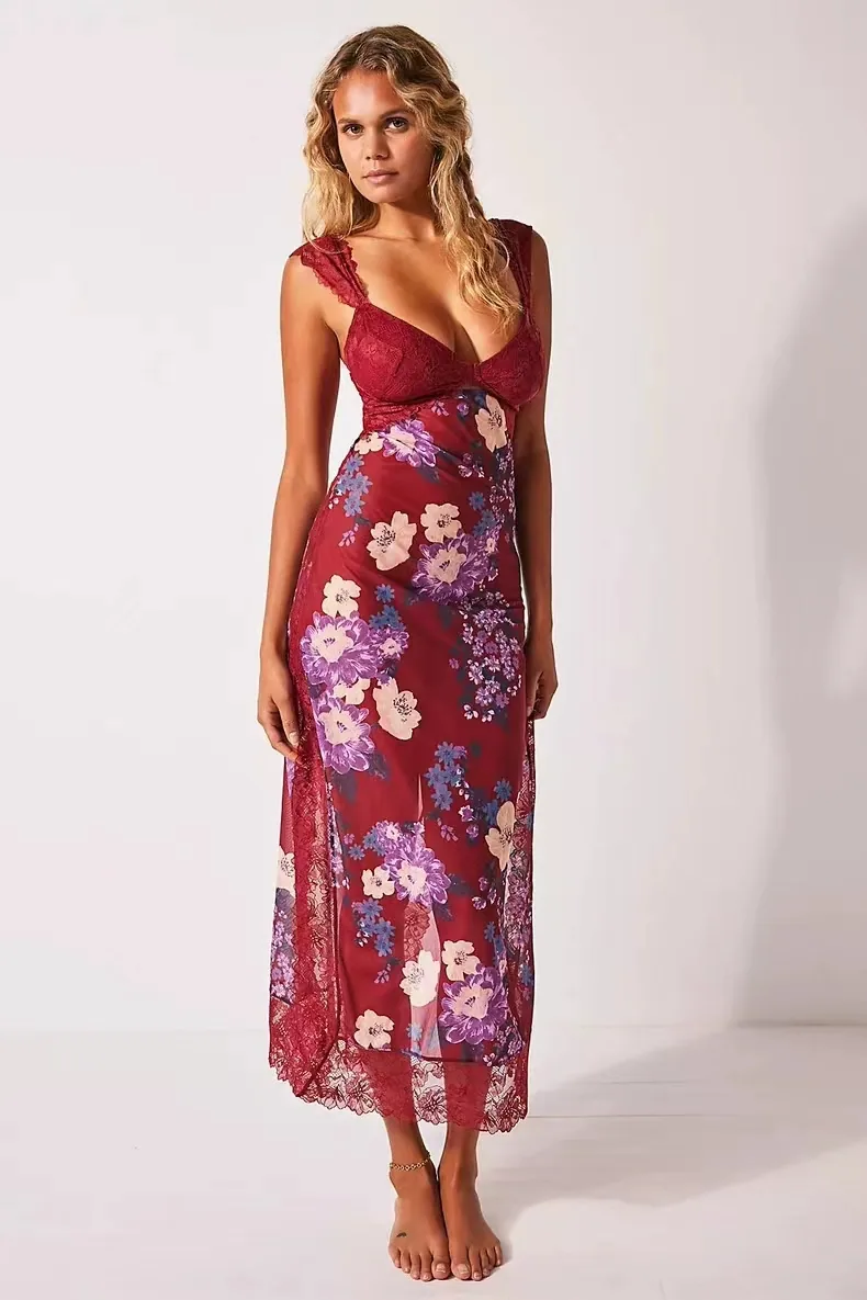 2024 Summer New Amazon AliExpress Lace Open Back Strap Paneled Slit Color Long Dress Women's Clothing 14