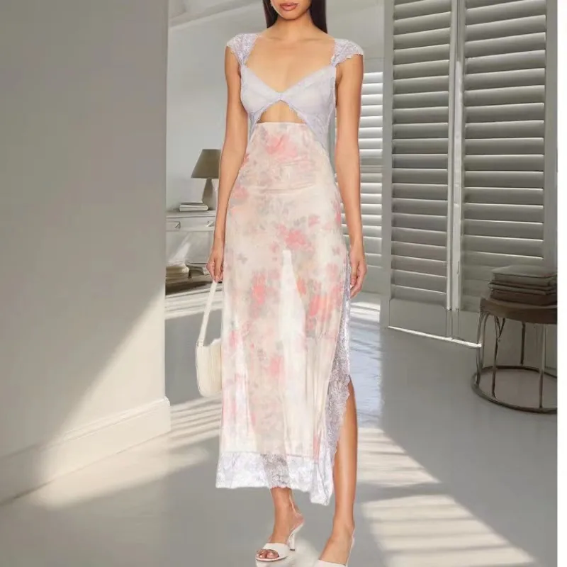 2024 Summer New Amazon AliExpress Lace Open Back Strap Paneled Slit Color Long Dress Women's Clothing 12