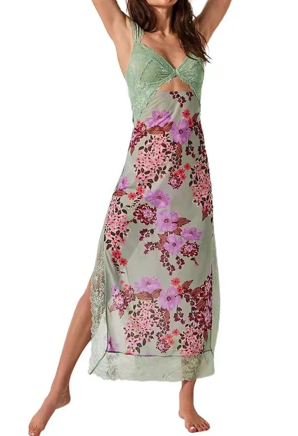 2024 Summer New Amazon AliExpress Lace Open Back Strap Paneled Slit Color Long Dress Women's Clothing 3