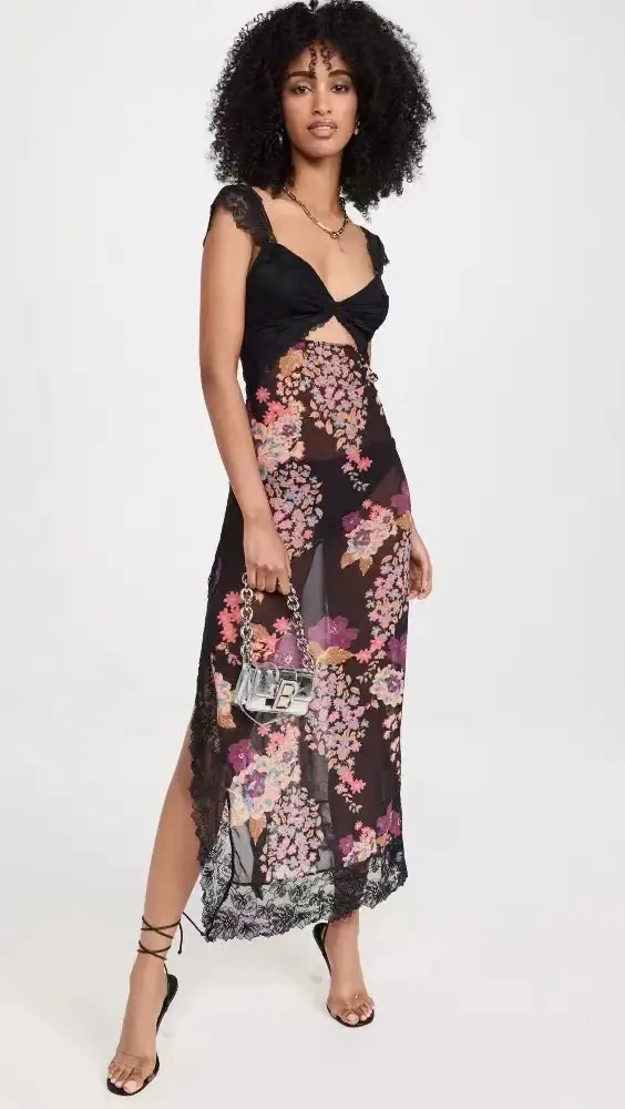 2024 Summer New Amazon AliExpress Lace Open Back Strap Paneled Slit Color Long Dress Women's Clothing 2
