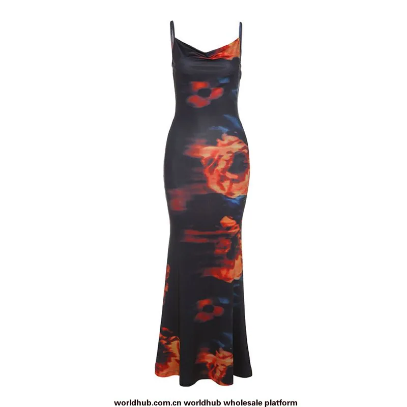 European and American cross-border 2021 winter fashion trend women's new suspender open backpack hip print slim dress