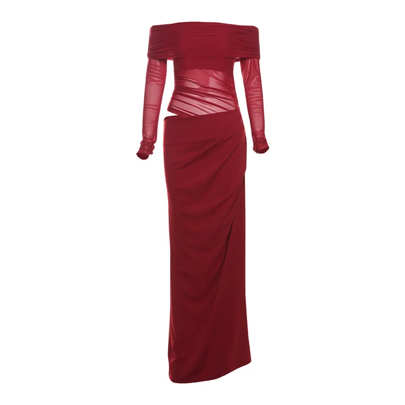 Foreign trade 2025 spring new women's clothing European and American style temperament sexy one-shoulder mesh see-through long d 2