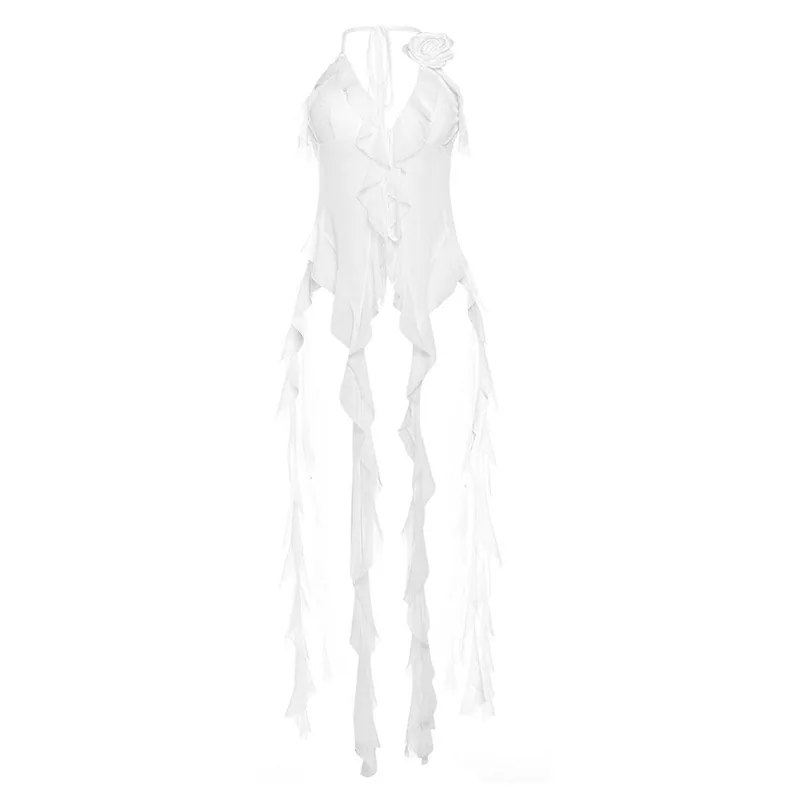 European and American cross-border 2024 spring fashion trend women's new halterneck open back strap gauze mesh slim vest