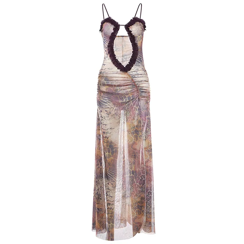European and American cross-border 2024 spring fashion trend women's new suspender fungus edge printed loose crop top dress