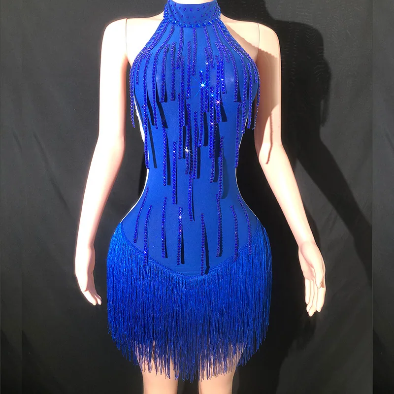 Cross-border hot sale sexy halterneck backless dress sparkling diamond chain tassel dress skirt nightclub show dress plus size