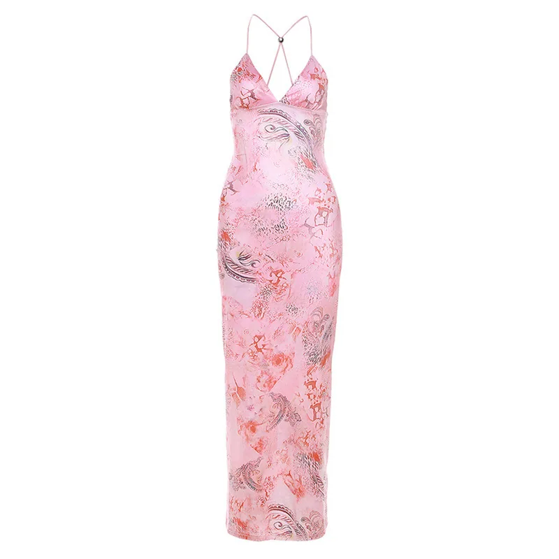European and American cross-border 2024 summer fashion trend women's new halterneck open back slim print hip hugging dress