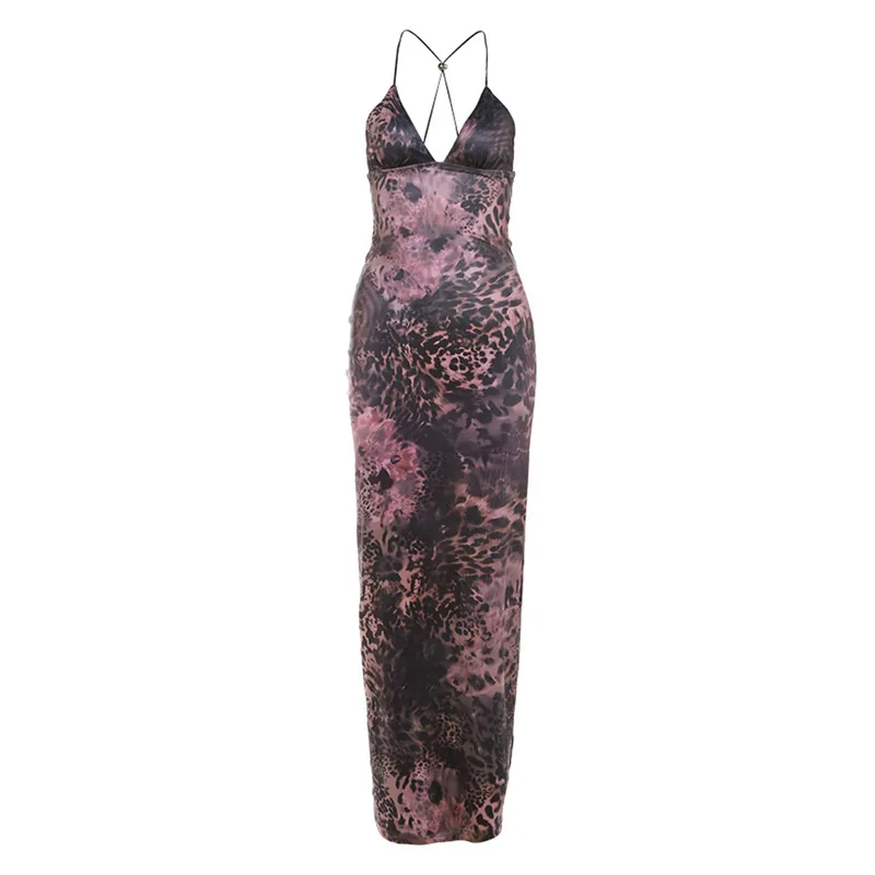European and American cross-border 2024 summer fashion trend women's new halterneck open back slim print hip hugging dress 2