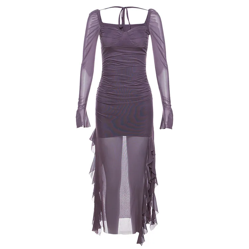 European and American style 2024 autumn/winter new women's mesh ruffle niche design long-sleeved square neck dress