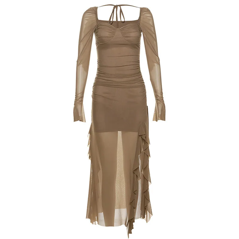 European and American style 2024 autumn/winter new women's mesh ruffle niche design long-sleeved square neck dress 2