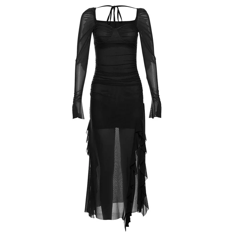European and American style 2024 autumn/winter new women's mesh ruffle niche design long-sleeved square neck dress 3