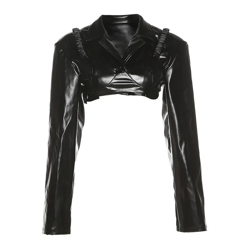 European and American cross-border 2021 autumn fashion trend women's new long-sleeved lapel crop slim slimming PU leather top